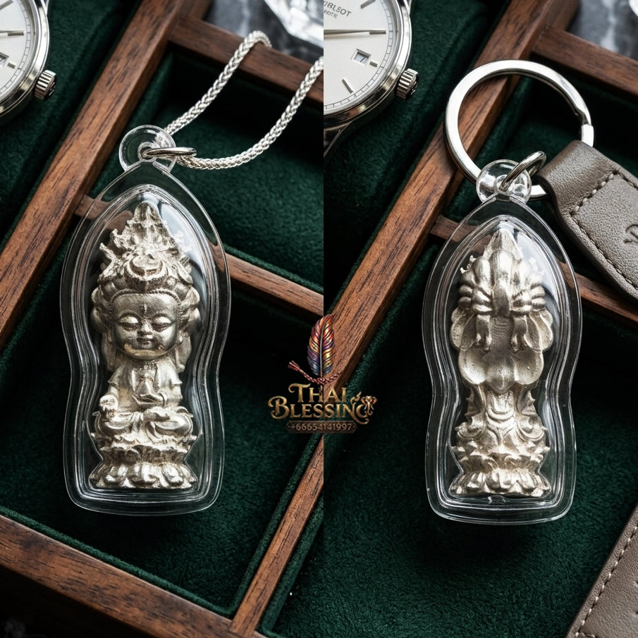 Sacred "Guanyin Noi Roi Lan" (Miniature Millionaire Guanyin) Silver-Plated Bronze Amulet by Phra Ajarn Amnat, Mahaveero Meditation Hermitage 2026 for Infinite Compassion, Business Prosperity, and Wealth Attraction