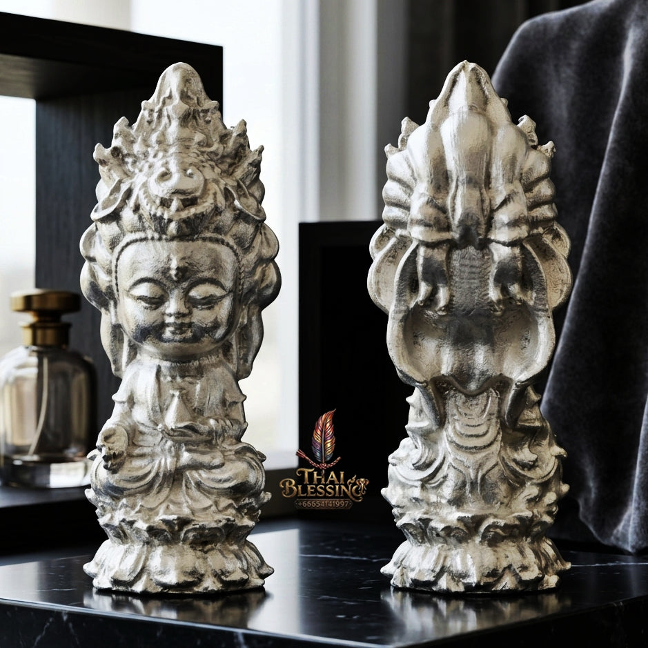 Sacred "Guanyin Noi Roi Lan" (Miniature Millionaire Guanyin) Silver-Plated Bronze Amulet by Phra Ajarn Amnat, Mahaveero Meditation Hermitage 2026 for Infinite Compassion, Business Prosperity, and Wealth Attraction