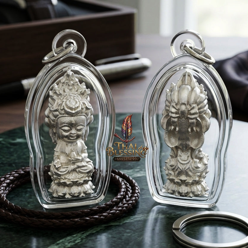 Sacred "Guanyin Noi Roi Lan" (Miniature Millionaire Guanyin) Silver-Plated Bronze Amulet by Phra Ajarn Amnat, Mahaveero Meditation Hermitage 2026 for Infinite Compassion, Business Prosperity, and Wealth Attraction