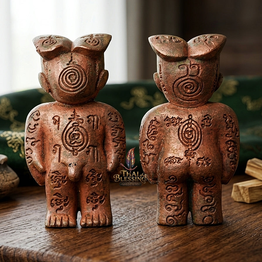 Sacred "Hun Phayon Ai Nen Kaeo" (Wild Copper Guardian Effigy)  Supreme Black Magic Defense, Karmic Shielding, and Powerful Lucky Fortune