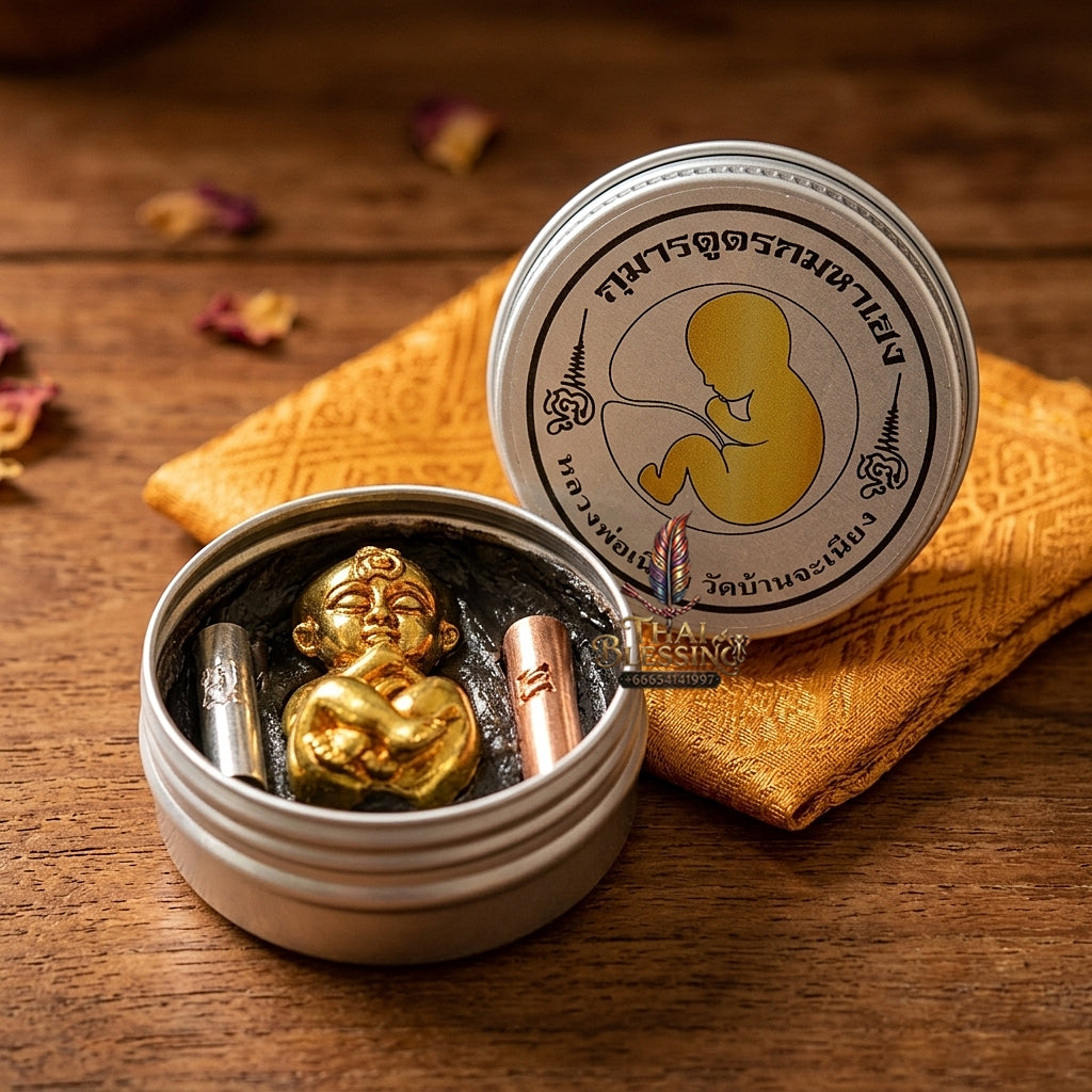 Sacred "Kuman Dud Rok Maha Heng" (Super Fortunate Placenta-Sucking Kuman) Embedded with Black Maha Metta Wax "Maha Saneh Phan Lan" for Infinite Wealth, Business Prosperity, and Unending Fortune