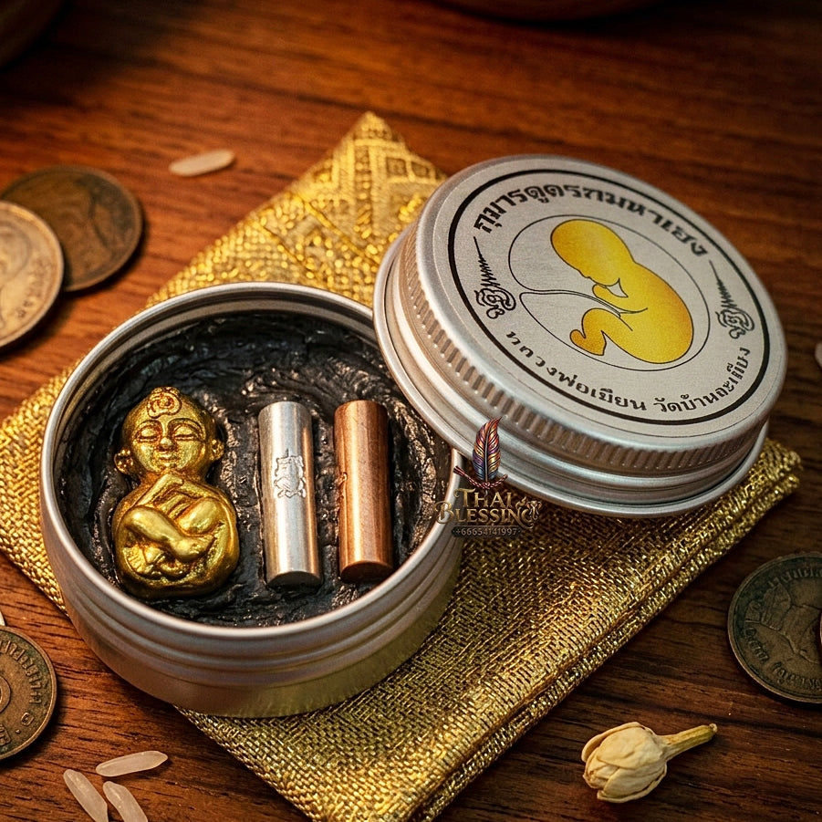 Sacred "Kuman Dud Rok Maha Heng" (Super Fortunate Placenta-Sucking Kuman) Embedded with Black Maha Metta Wax "Maha Saneh Phan Lan" for Infinite Wealth, Business Prosperity, and Unending Fortune