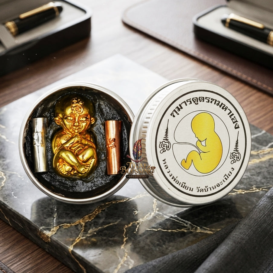 Sacred "Kuman Dud Rok Maha Heng" (Super Fortunate Placenta-Sucking Kuman) Embedded with Black Maha Metta Wax "Maha Saneh Phan Lan" for Infinite Wealth, Business Prosperity, and Unending Fortune