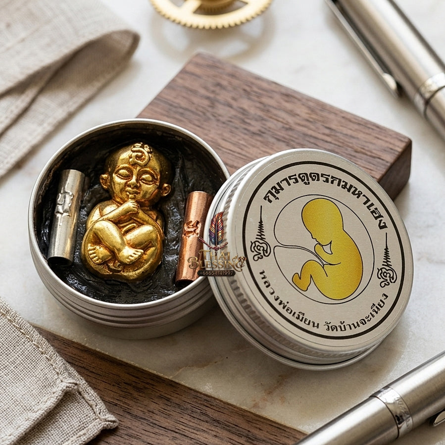 Sacred "Kuman Dud Rok Maha Heng" (Super Fortunate Placenta-Sucking Kuman) Embedded with Black Maha Metta Wax "Maha Saneh Phan Lan" for Infinite Wealth, Business Prosperity, and Unending Fortune