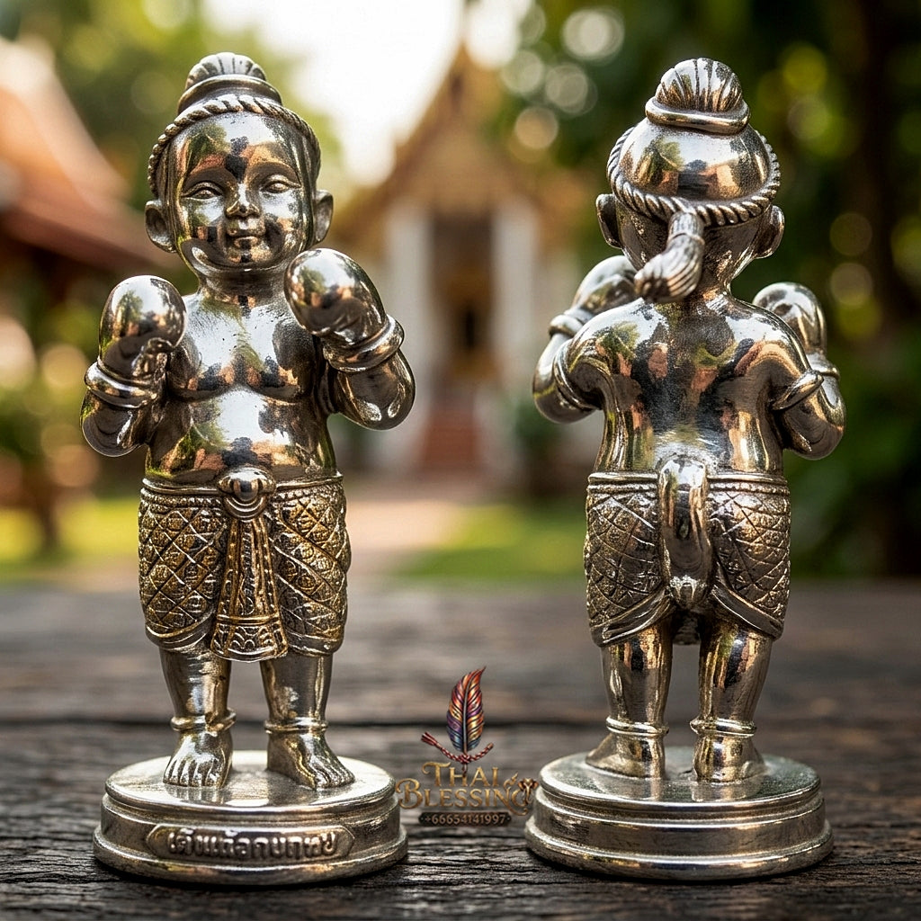Sacred "Kuman Setthi Faet Sayam" (Twin Millionaire Siamese Boxing Kuman Thong) in "Nuea Thong Khao" (Sacred White-Gold Alloy) by Achan Yim Kaeo-Khong-Rit, 2024 (2567 BE)