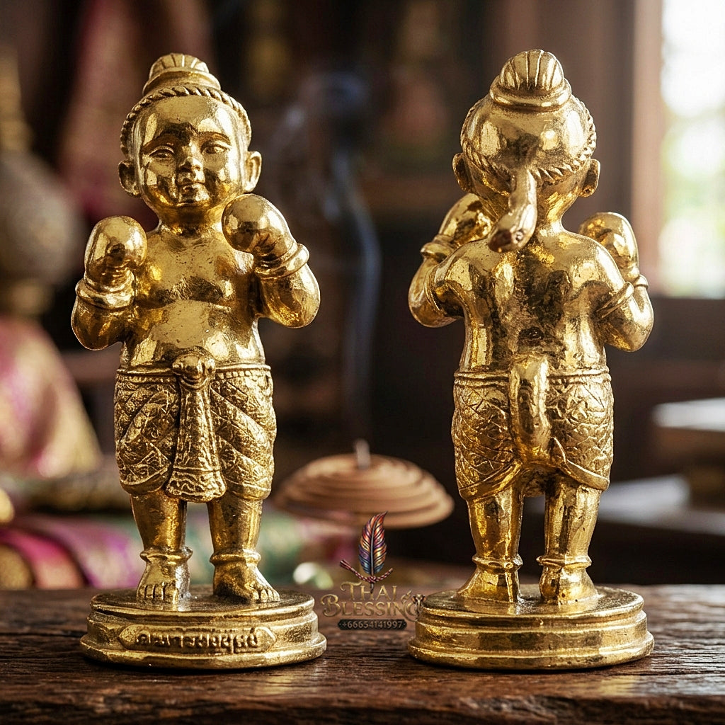Sacred "Kuman Setthi Faet Sayam" (Twin Millionaire Siamese Kuman Thong Holding Dolls Sacred Brass Alloy