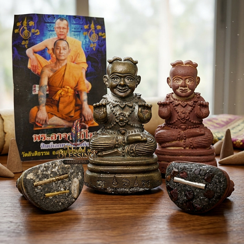 Sacred "Kuman Thong" (Sacred Alloy Edition with Special Powder Filling & Dual Takrut) by Phra-Achan Thai, Wat Santitham 2017 for Powerful Wealth Attraction, Home Security, and Loyal Spirit Guidance