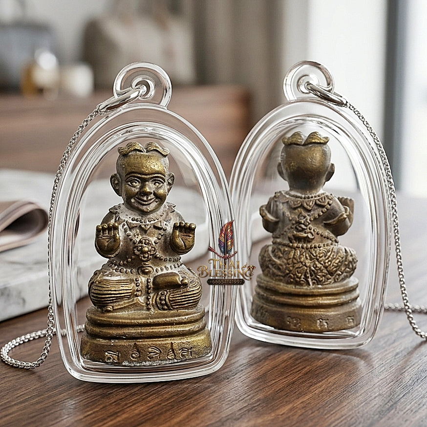 Sacred "Kuman Thong" (Sacred Alloy Edition with Special Powder Filling & Dual Takrut) by Phra-Achan Thai, Wat Santitham 2017 for Powerful Wealth Attraction, Home Security, and Loyal Spirit Guidance