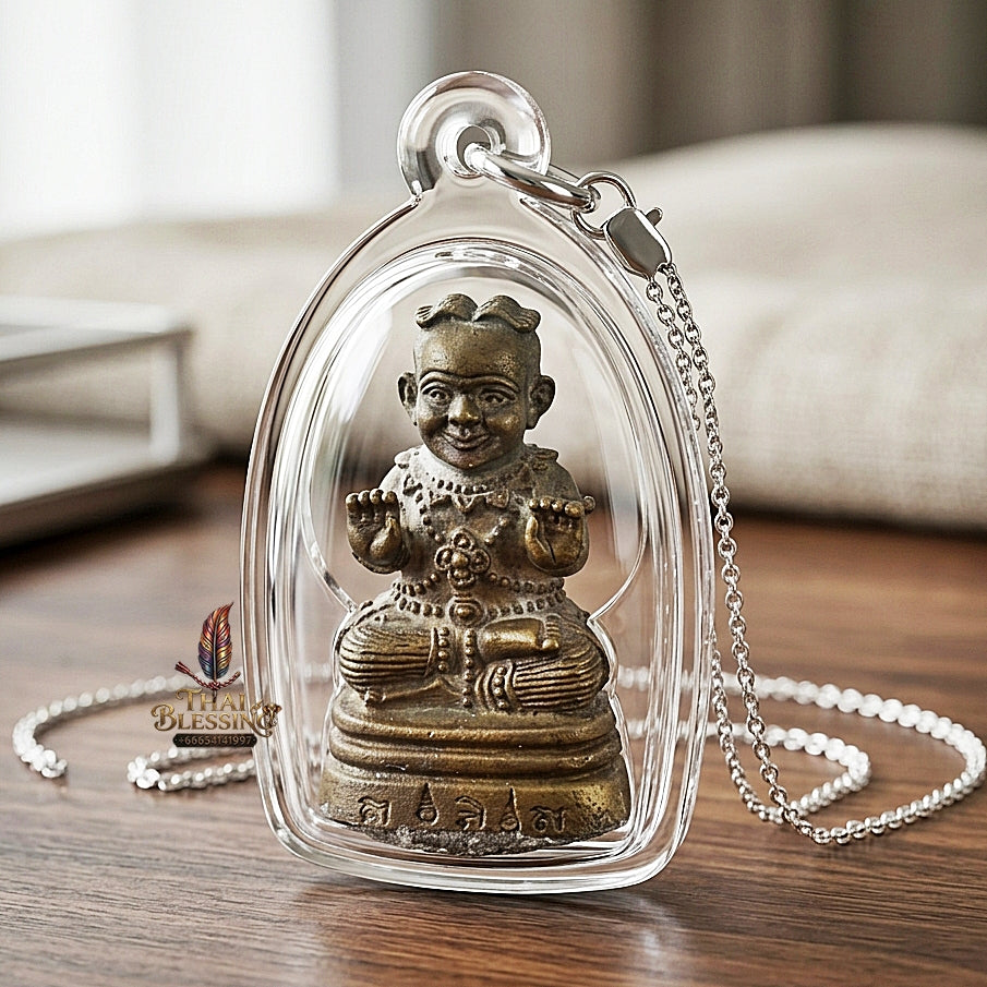 Sacred "Kuman Thong" (Sacred Alloy Edition with Special Powder Filling & Dual Takrut) by Phra-Achan Thai, Wat Santitham 2017 for Powerful Wealth Attraction, Home Security, and Loyal Spirit Guidance