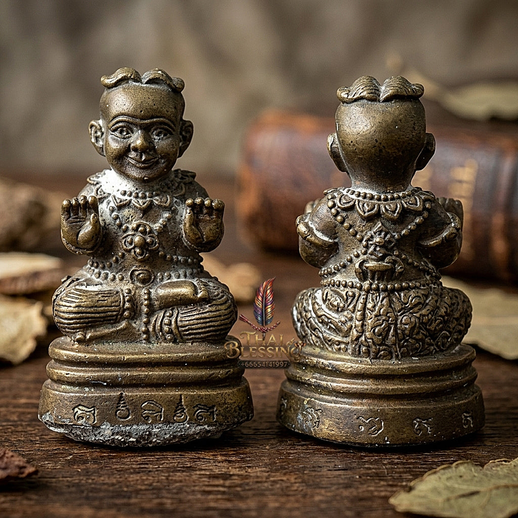 Sacred "Kuman Thong" (Sacred Alloy Edition with Special Powder Filling & Dual Takrut) by Phra-Achan Thai, Wat Santitham 2017 for Powerful Wealth Attraction, Home Security, and Loyal Spirit Guidance