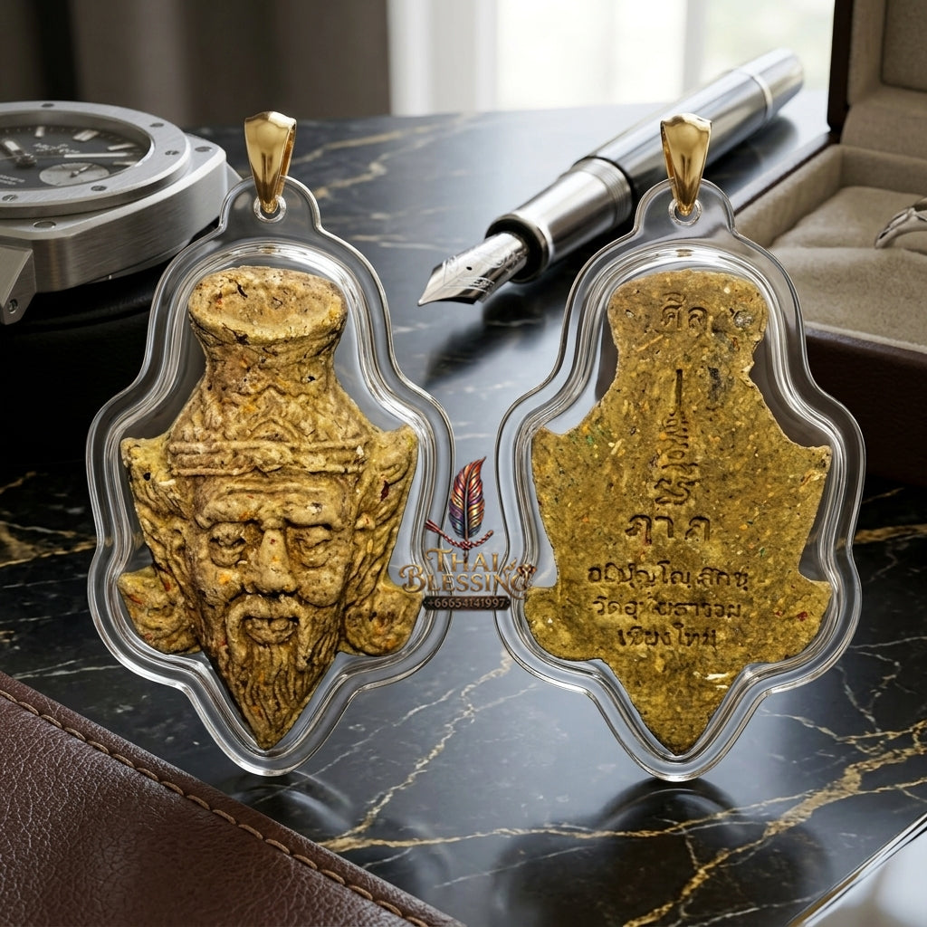 Sacred Mixed Holy Herb "Gon Khrok" Special Edition Ruesi Hermit Grandfather Crown Amulet by Kruba Nnong Wat Uthai Tharam 2026 for Supreme Wisdom, Extreme Wealth Magnetism, and All-Encompassing Charm