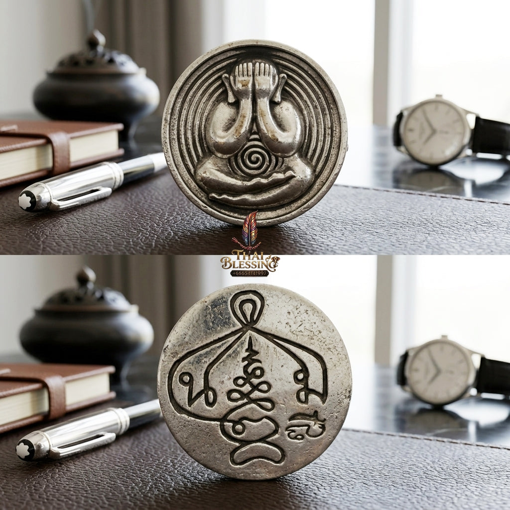 Sacred Phra Pidta Mat Kradum Polished White Brass Amulet by Ajarn Plian Hathayanon 2025 for Wealth Attraction and Absolute Protection
