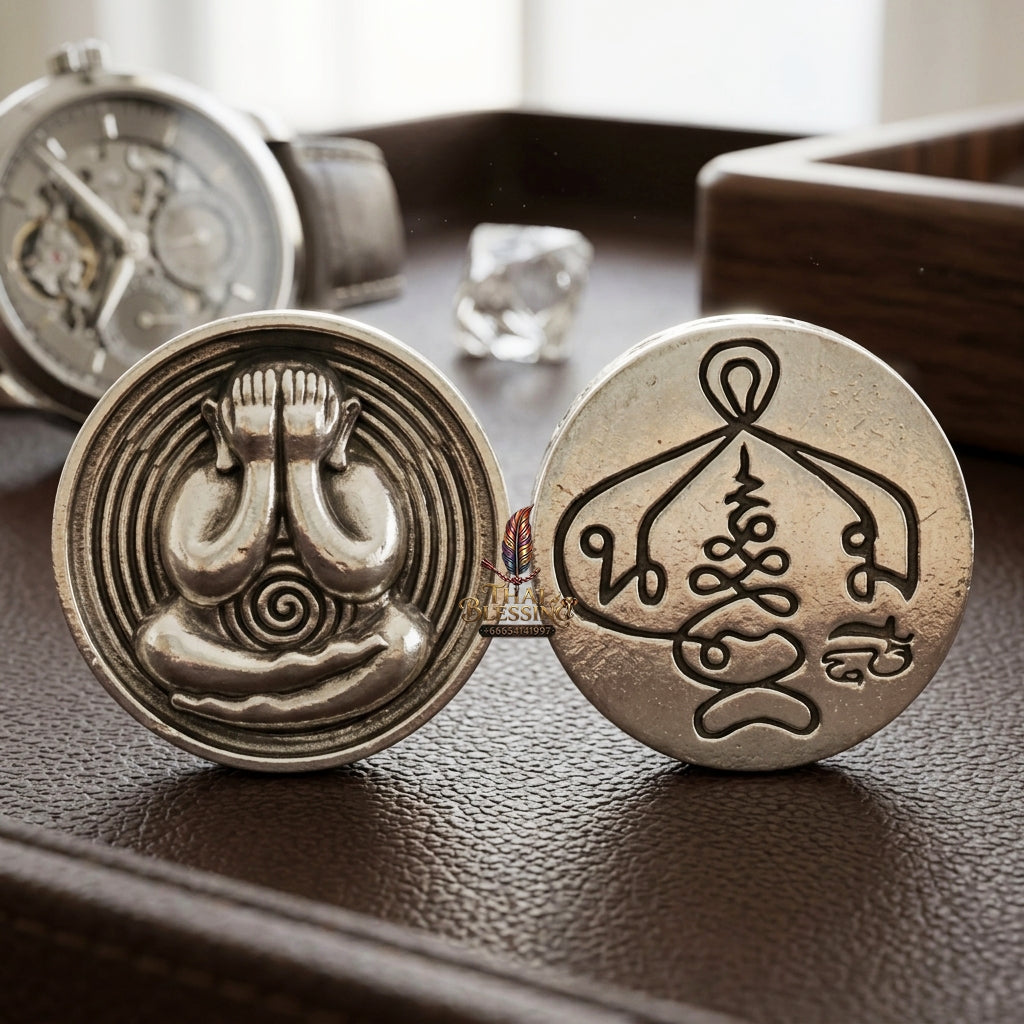 Sacred Phra Pidta Mat Kradum Polished White Brass Amulet by Ajarn Plian Hathayanon 2025 for Wealth Attraction and Absolute Protection