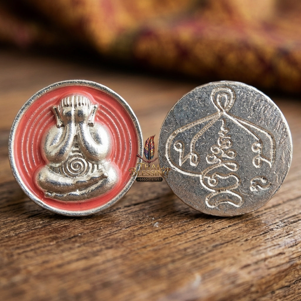 Sacred Phra Pidta Mat Kradum Silver-Plated Enamelled Bronze Amulet by Ajarn Plian Hathayanon 2025 for Wealth Attraction and Absolute Protection