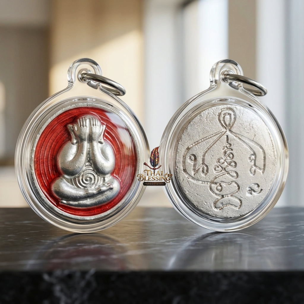 Sacred Phra Pidta Mat Kradum Silver-Plated Enamelled Bronze Amulet by Ajarn Plian Hathayanon 2025 for Wealth Attraction and Absolute Protection