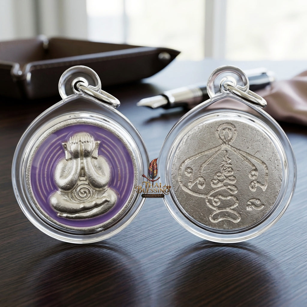 Sacred Phra Pidta Mat Kradum Silver-Plated Enamelled Bronze Amulet by Ajarn Plian Hathayanon 2025 for Wealth Attraction and Absolute Protection