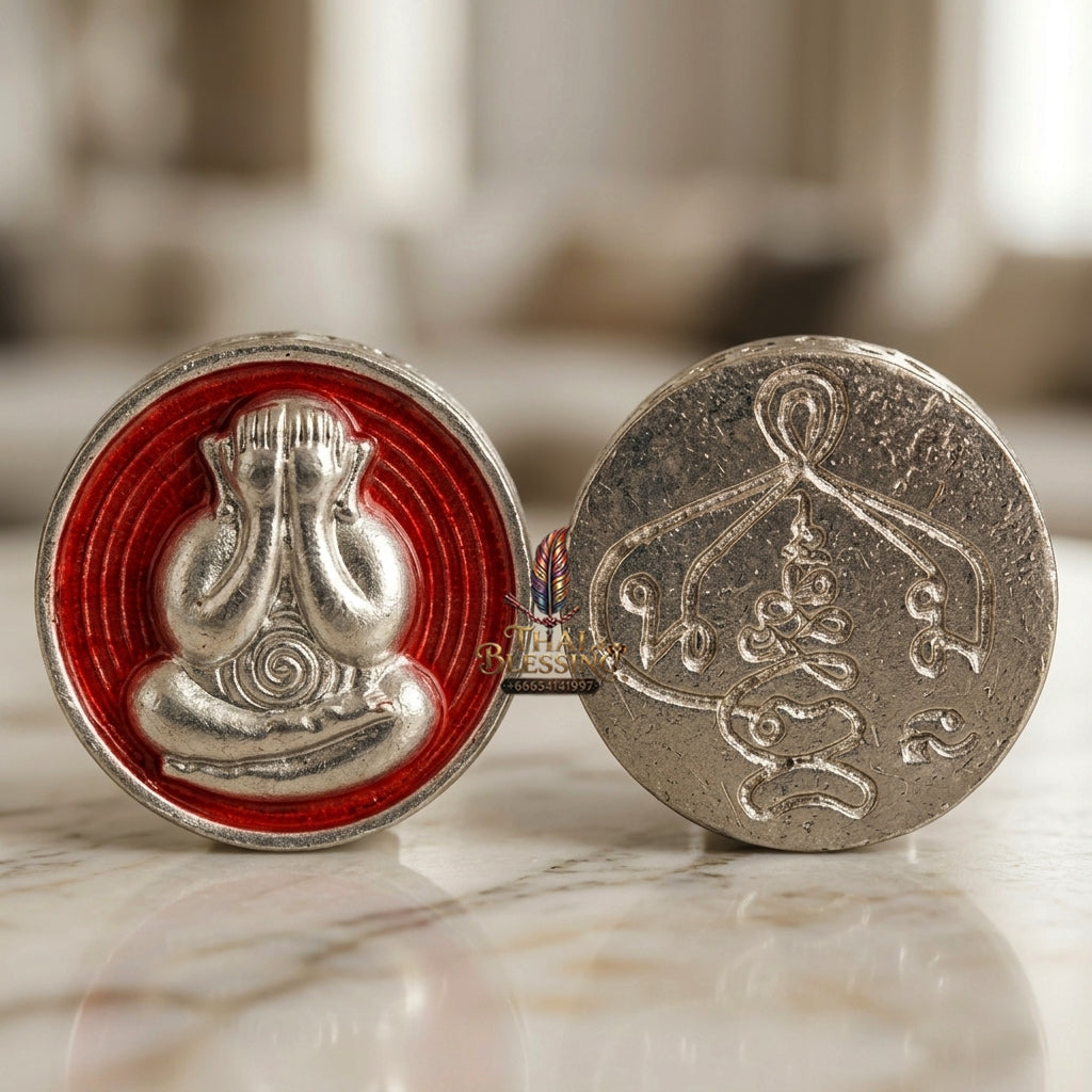 Sacred Phra Pidta Mat Kradum Silver-Plated Enamelled Bronze Amulet by Ajarn Plian Hathayanon 2025 for Wealth Attraction and Absolute Protection