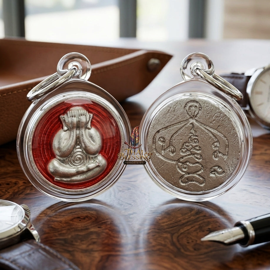 Sacred Phra Pidta Mat Kradum Silver-Plated Enamelled Bronze Amulet by Ajarn Plian Hathayanon 2025 for Wealth Attraction and Absolute Protection