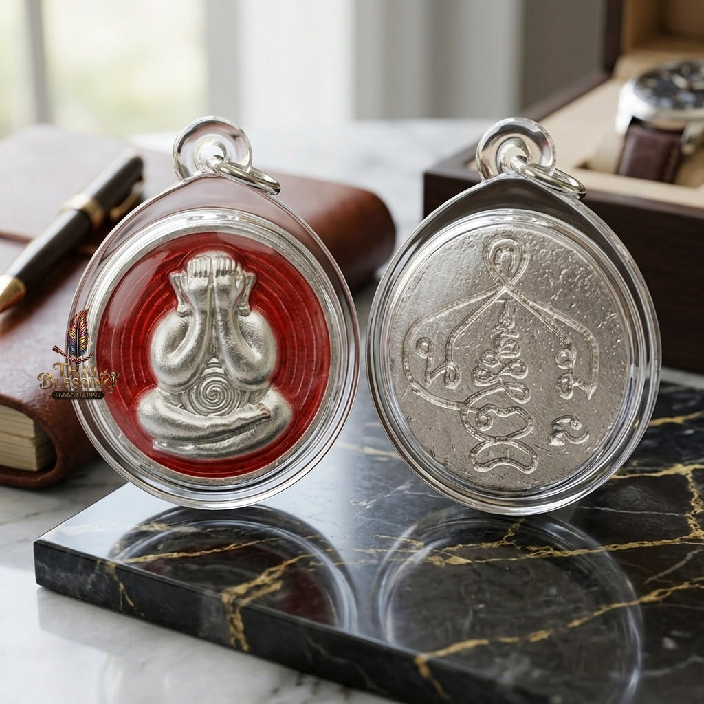 Sacred Phra Pidta Mat Kradum Silver-Plated Enamelled Bronze Amulet by Ajarn Plian Hathayanon 2025 for Wealth Attraction and Absolute Protection