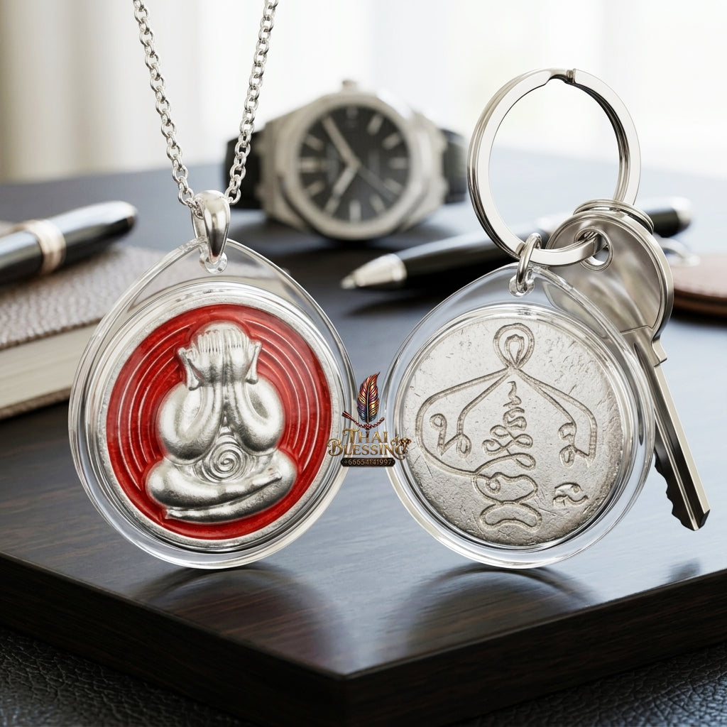 Sacred Phra Pidta Mat Kradum Silver-Plated Enamelled Bronze Amulet by Ajarn Plian Hathayanon 2025 for Wealth Attraction and Absolute Protection