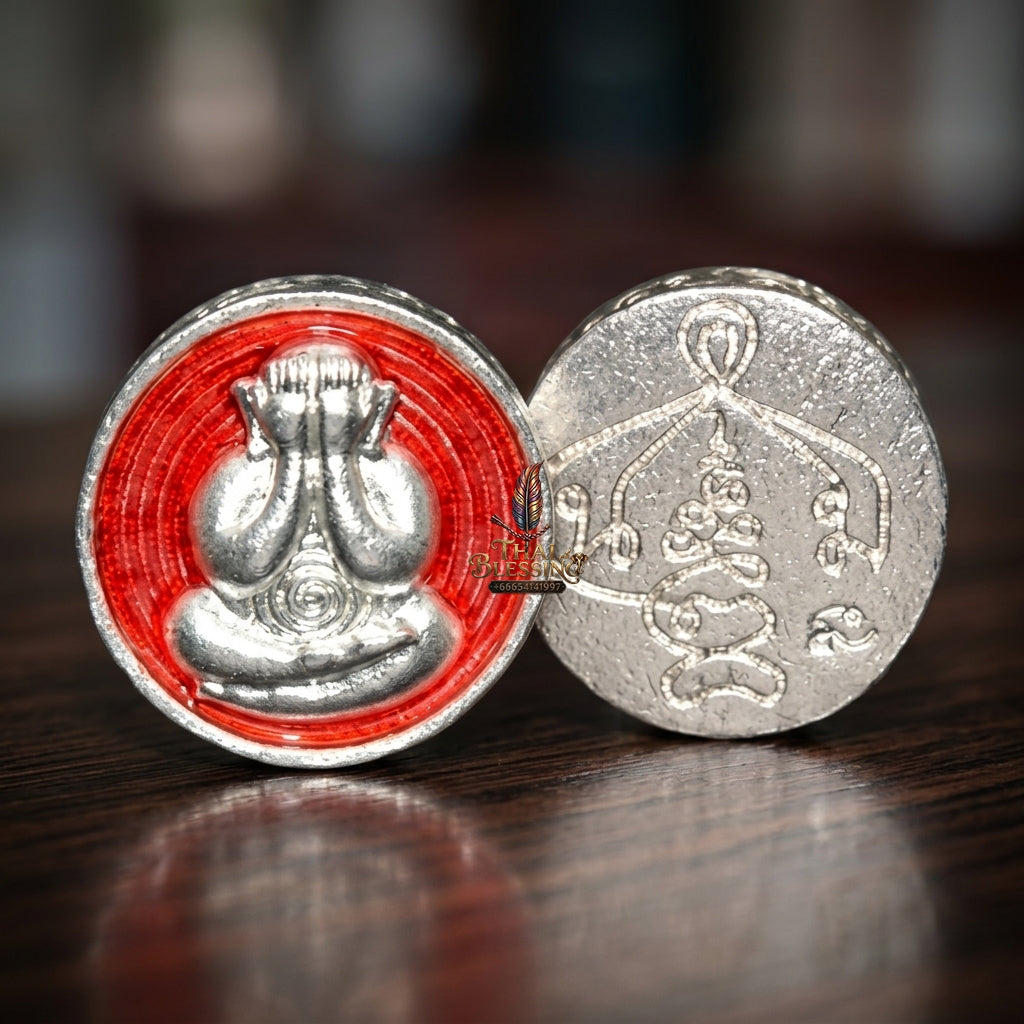 Sacred Phra Pidta Mat Kradum Silver-Plated Enamelled Bronze Amulet by Ajarn Plian Hathayanon 2025 for Wealth Attraction and Absolute Protection