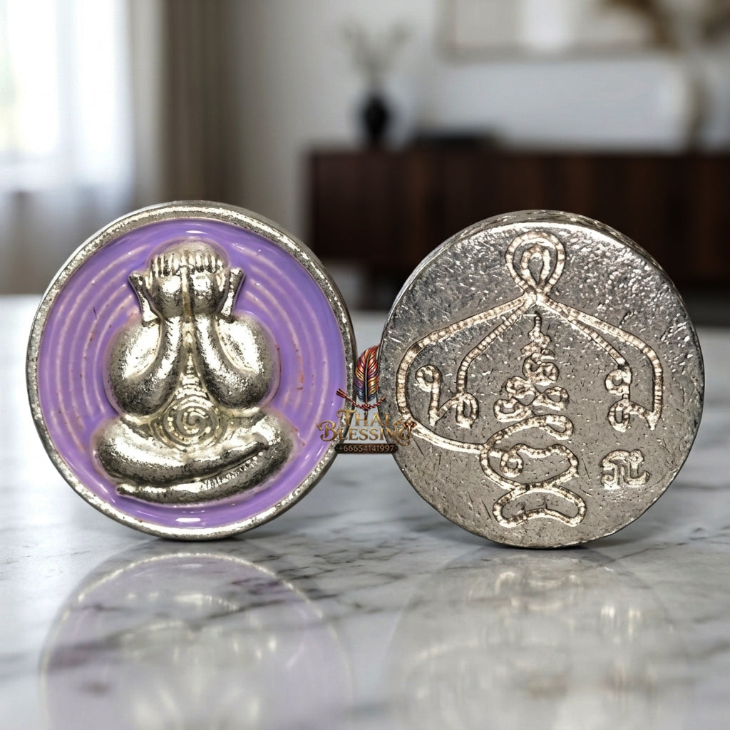Sacred Phra Pidta Mat Kradum Silver-Plated Enamelled Bronze Amulet by Ajarn Plian Hathayanon 2025 for Wealth Attraction and Absolute Protection