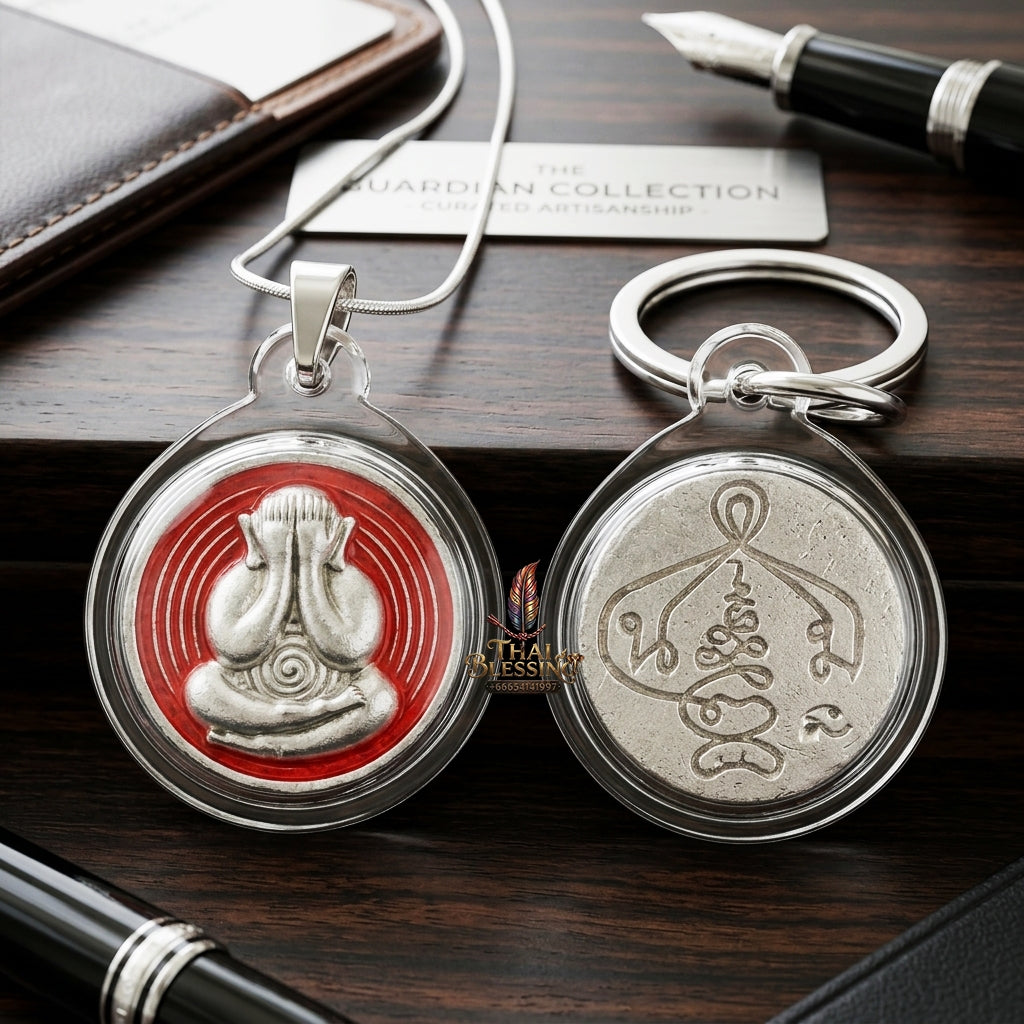 Sacred Phra Pidta Mat Kradum Silver-Plated Enamelled Bronze Amulet by Ajarn Plian Hathayanon 2025 for Wealth Attraction and Absolute Protection