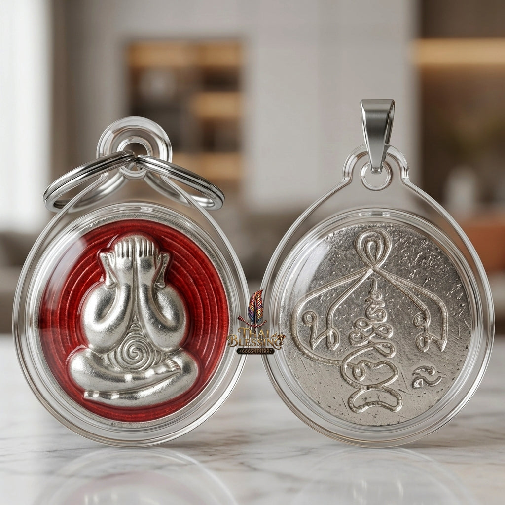 Sacred Phra Pidta Mat Kradum Silver-Plated Enamelled Bronze Amulet by Ajarn Plian Hathayanon 2025 for Wealth Attraction and Absolute Protection