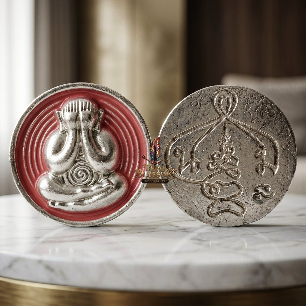 Sacred Phra Pidta Mat Kradum Silver-Plated Enamelled Bronze Amulet by Ajarn Plian Hathayanon 2025 for Wealth Attraction and Absolute Protection