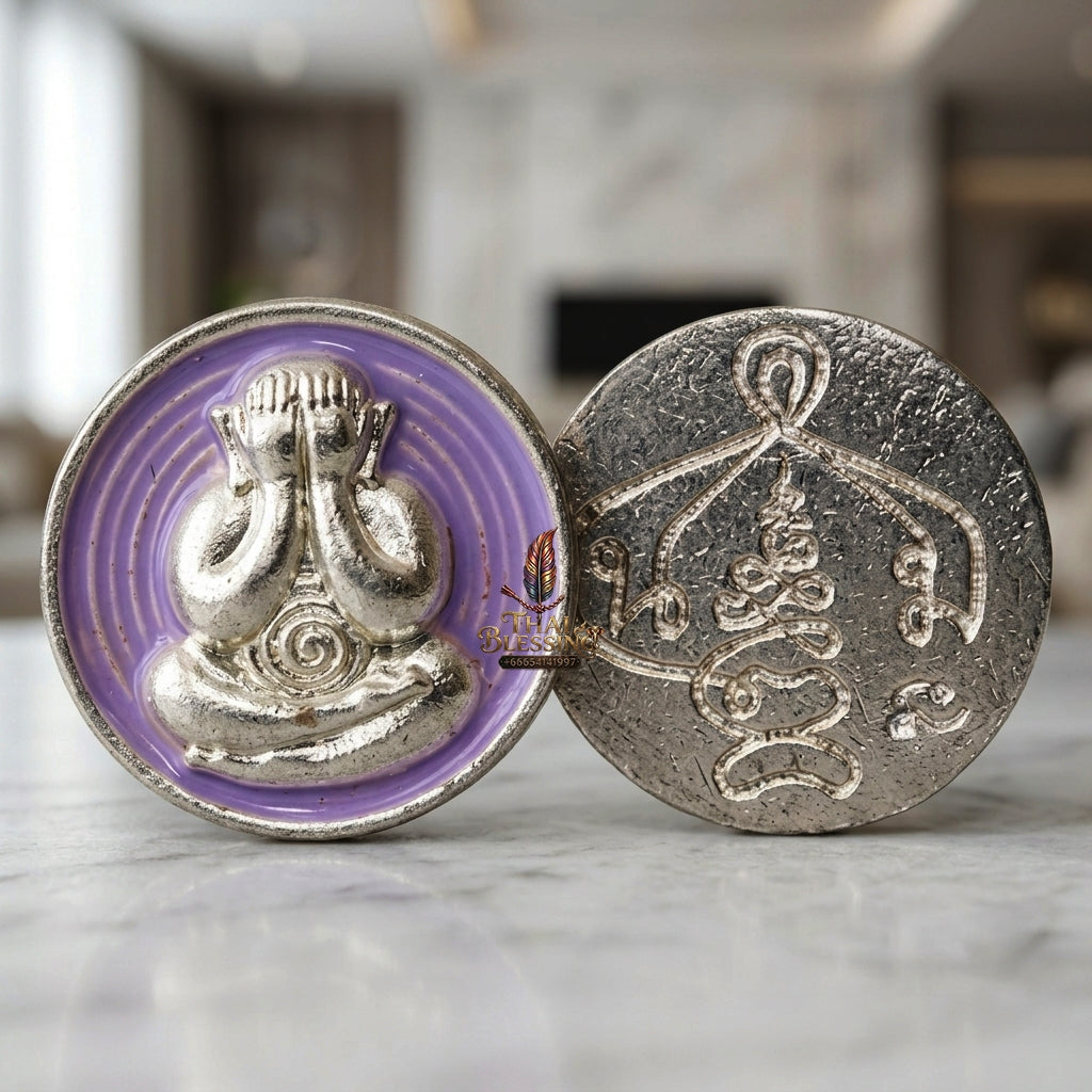 Sacred Phra Pidta Mat Kradum Silver-Plated Enamelled Bronze Amulet by Ajarn Plian Hathayanon 2025 for Wealth Attraction and Absolute Protection