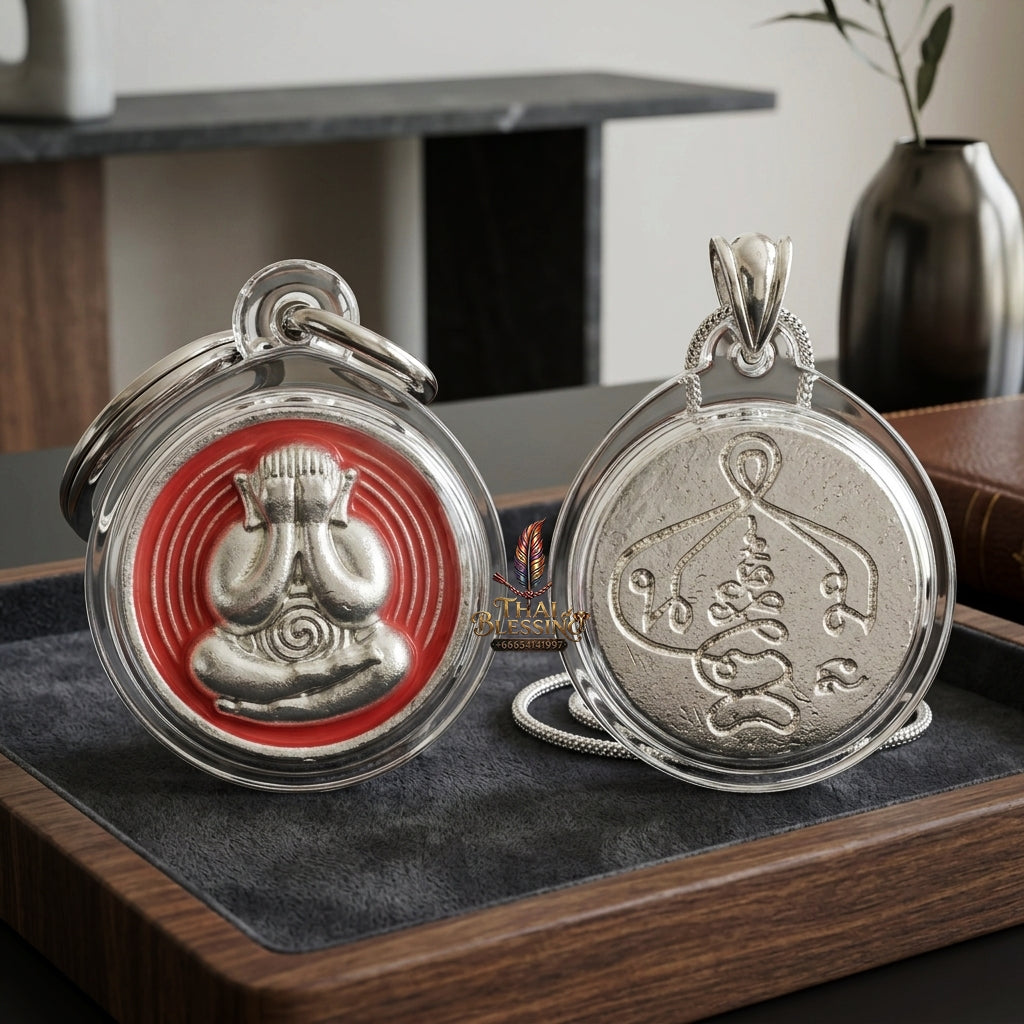 Sacred Phra Pidta Mat Kradum Silver-Plated Enamelled Bronze Amulet by Ajarn Plian Hathayanon 2025 for Wealth Attraction and Absolute Protection