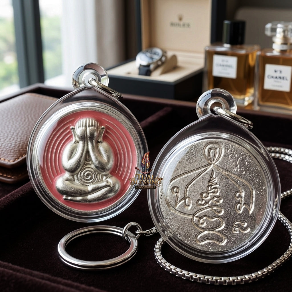 Sacred Phra Pidta Mat Kradum Silver-Plated Enamelled Bronze Amulet by Ajarn Plian Hathayanon 2025 for Wealth Attraction and Absolute Protection