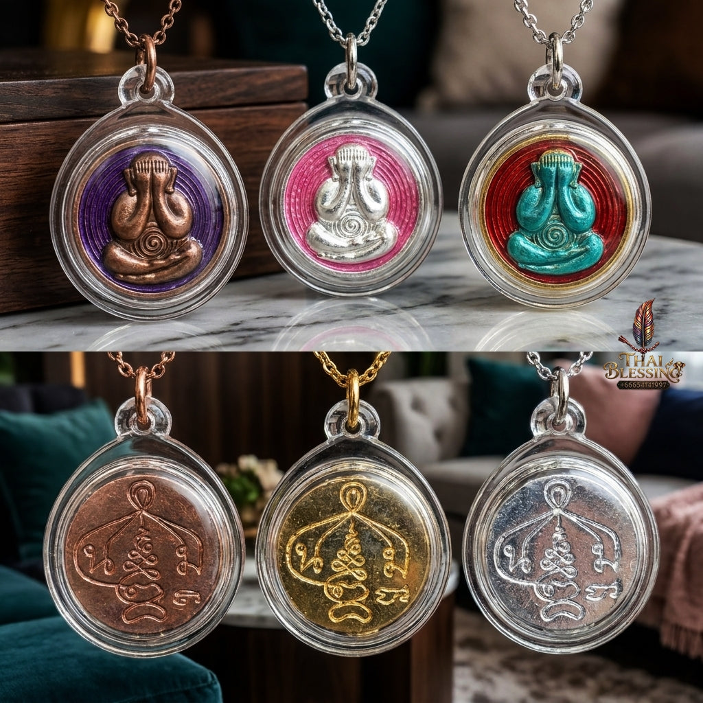 Sacred Phra Pidta Mat Kradum Silver-Plated Enamelled Bronze Amulet by Ajarn Plian Hathayanon 2025 for Wealth Attraction and Absolute Protection