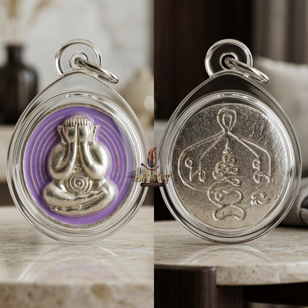 Sacred Phra Pidta Mat Kradum Silver-Plated Enamelled Bronze Amulet by Ajarn Plian Hathayanon 2025 for Wealth Attraction and Absolute Protection