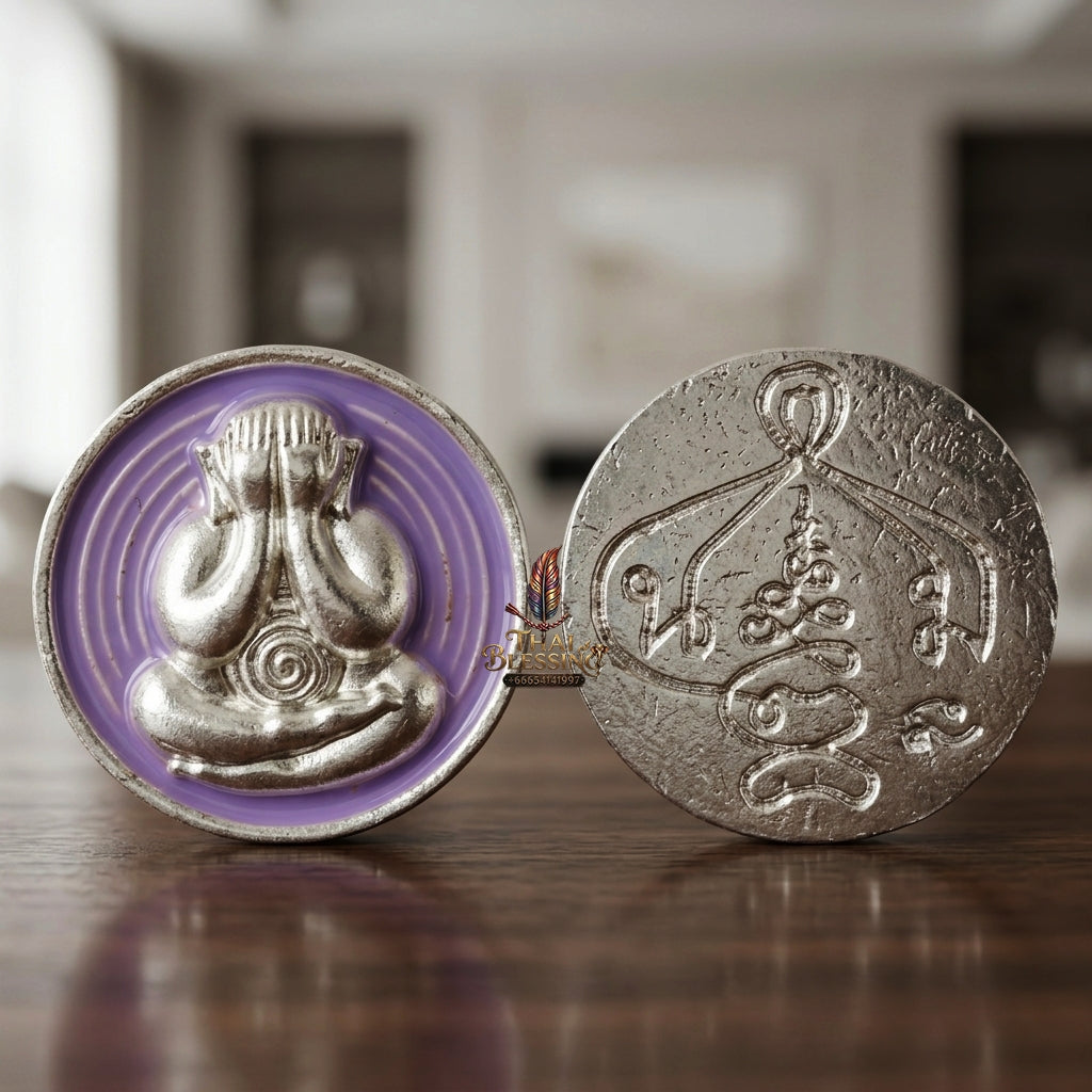 Sacred Phra Pidta Mat Kradum Silver-Plated Enamelled Bronze Amulet by Ajarn Plian Hathayanon 2025 for Wealth Attraction and Absolute Protection
