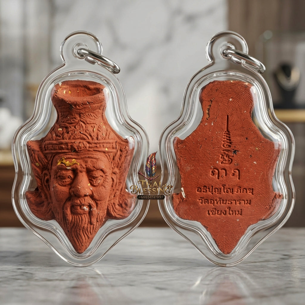 Sacred Red Holy Herb "Sap Phaisarn" Edition Ruesi Hermit Grandfather Crown Amulet by Kruba Nnong Wat Uthai Tharam 2026 for Supreme Wisdom, Business Success, and Extreme Wealth Attraction