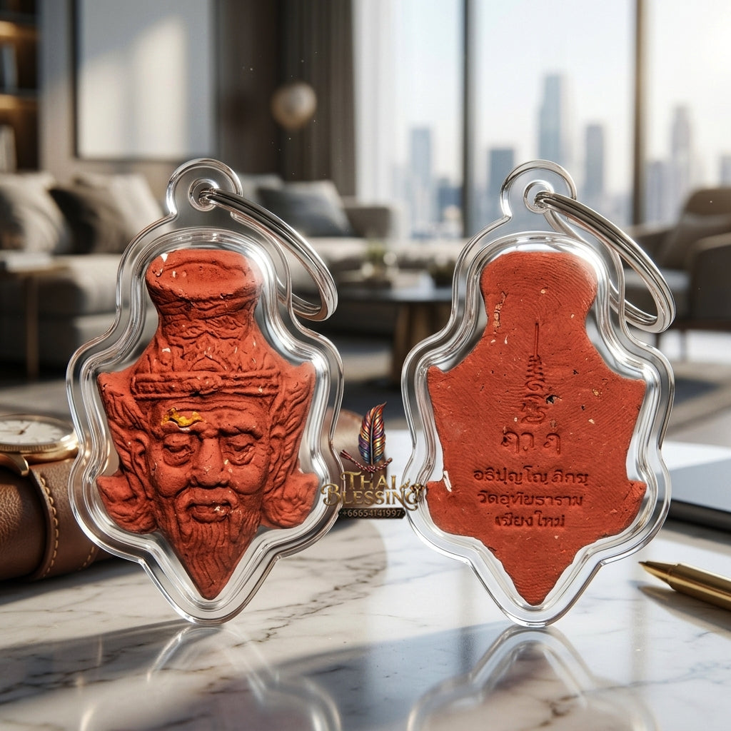 Sacred Red Holy Herb "Sap Phaisarn" Edition Ruesi Hermit Grandfather Crown Amulet by Kruba Nnong Wat Uthai Tharam 2026 for Supreme Wisdom, Business Success, and Extreme Wealth Attraction