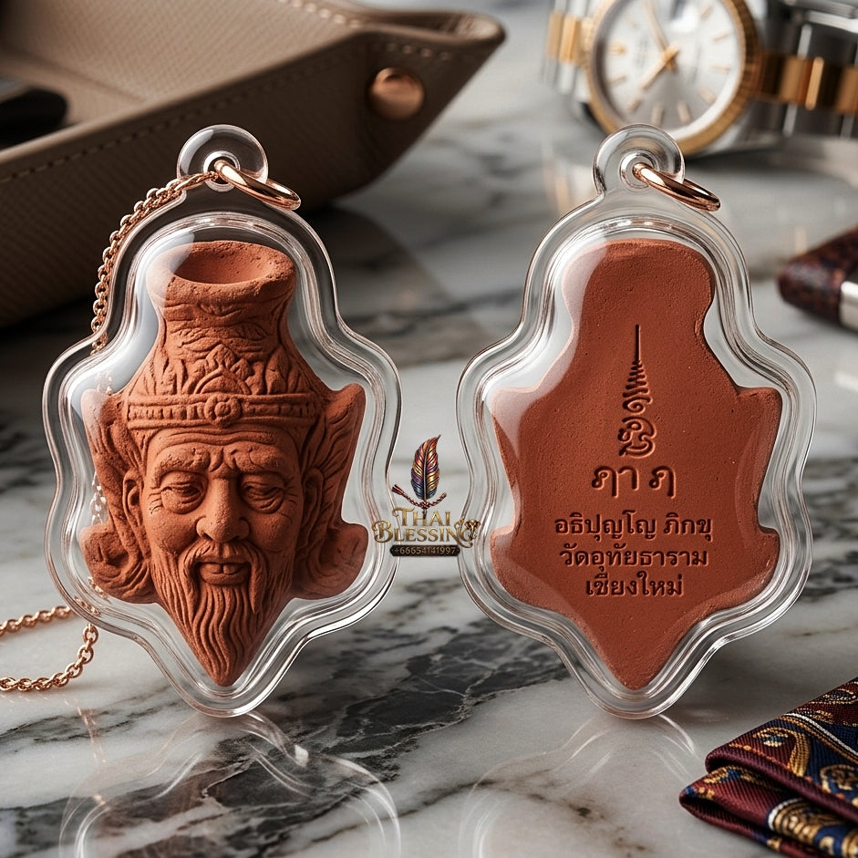 Sacred Red Holy Herb "Sap Phaisarn" Edition Ruesi Hermit Grandfather Crown Amulet by Kruba Nnong Wat Uthai Tharam 2026 for Supreme Wisdom, Business Success, and Extreme Wealth Attraction
