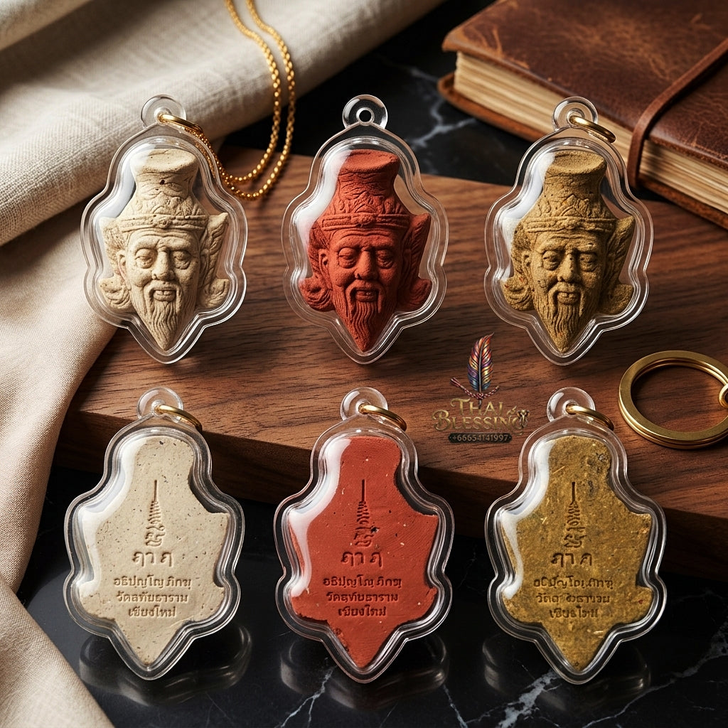 Sacred Red Holy Herb "Sap Phaisarn" Edition Ruesi Hermit Grandfather Crown Amulet by Kruba Nnong Wat Uthai Tharam 2026 for Supreme Wisdom, Business Success, and Extreme Wealth Attraction
