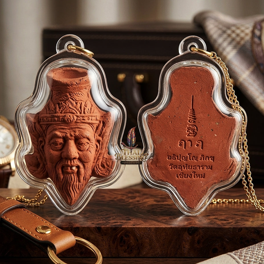 Sacred Red Holy Herb "Sap Phaisarn" Edition Ruesi Hermit Grandfather Crown Amulet by Kruba Nnong Wat Uthai Tharam 2026 for Supreme Wisdom, Business Success, and Extreme Wealth Attraction