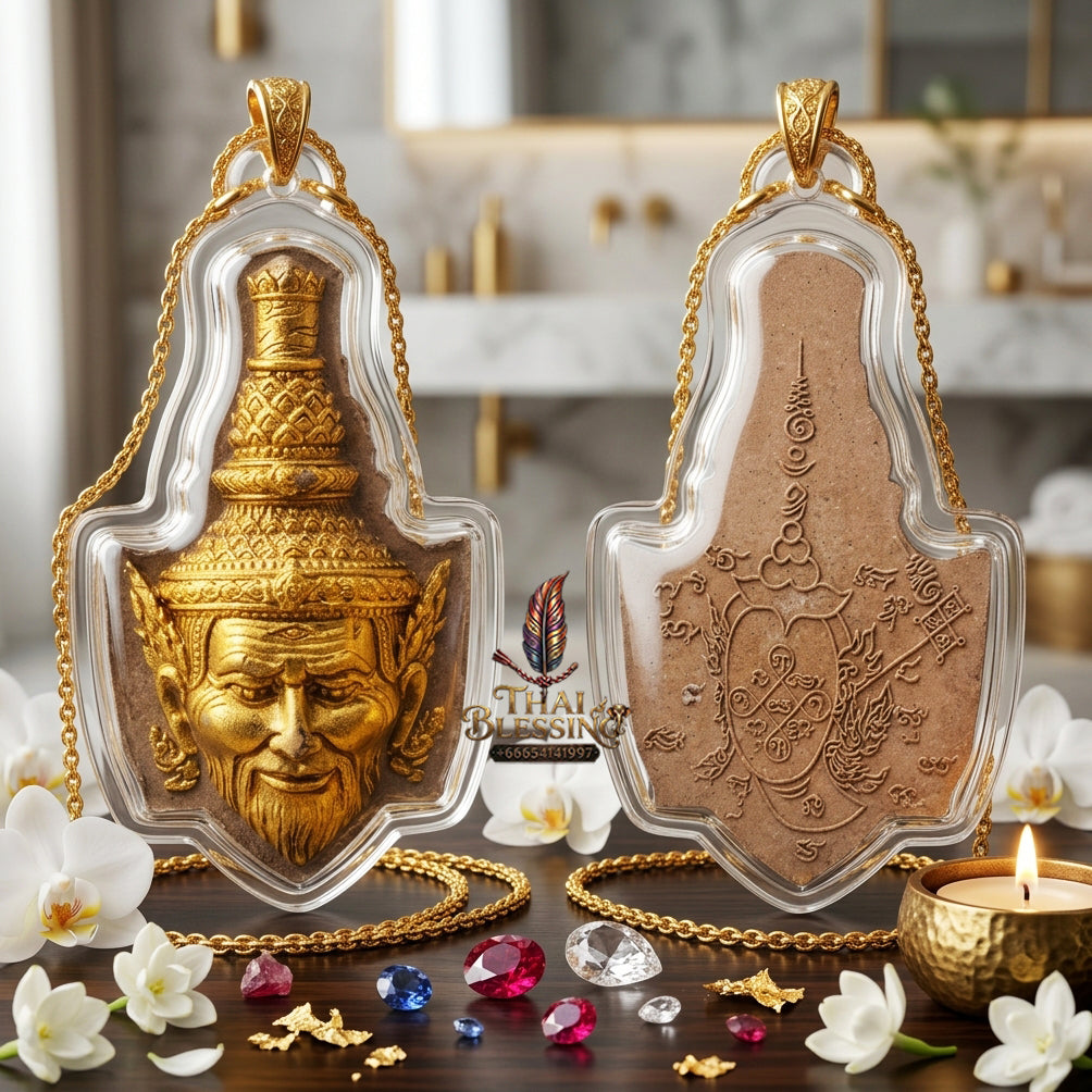 ✨ "Sian Phra Rue Si Ta Fire" (Hermit Ta Fai Crown / Rishi Third-Eye Hermit) - Herb Powder with Gold Leaf Brushed Finish, Embedded Takrut & Gemstones,