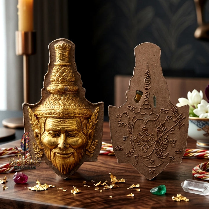 ✨ "Sian Phra Rue Si Ta Fire" (Hermit Ta Fai Crown / Rishi Third-Eye Hermit) - Herb Powder with Gold Leaf Brushed Finish, Embedded Takrut & Gemstones,