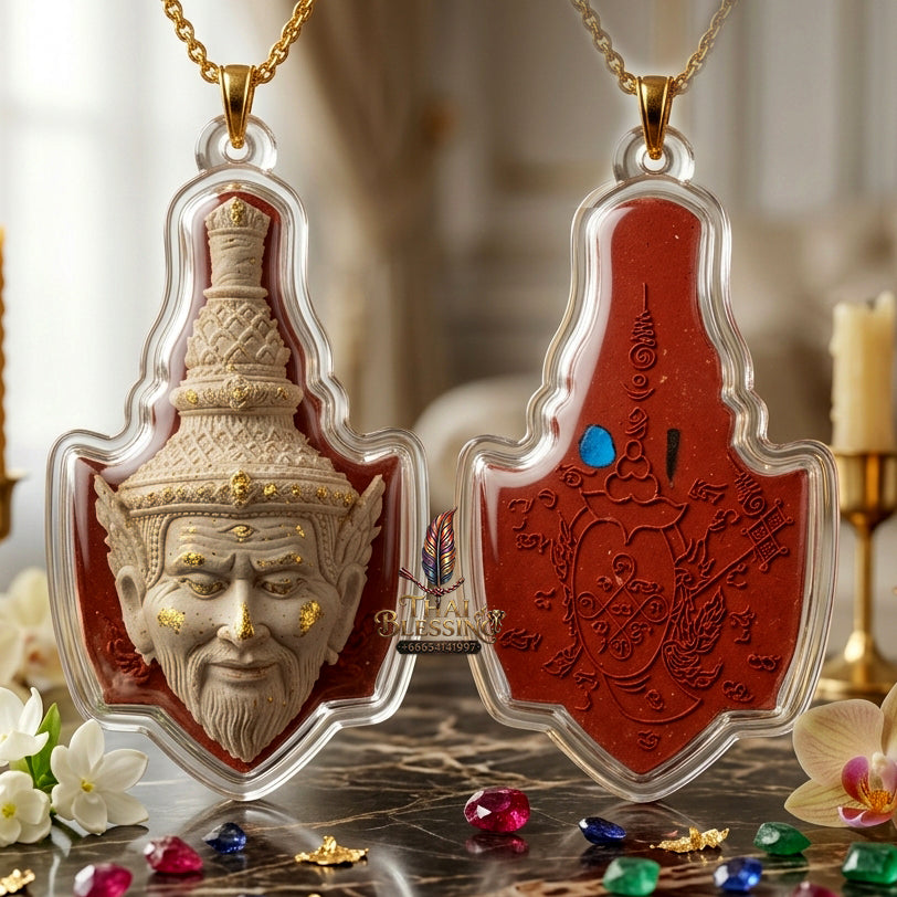 ✨ "Sian Phra Rue Si Ta Fire" (Hermit Ta Fai Crown / Rishi Third-Eye Hermit) - Red Herb Powder with White Face, Embedded Takrut & Gemstones,