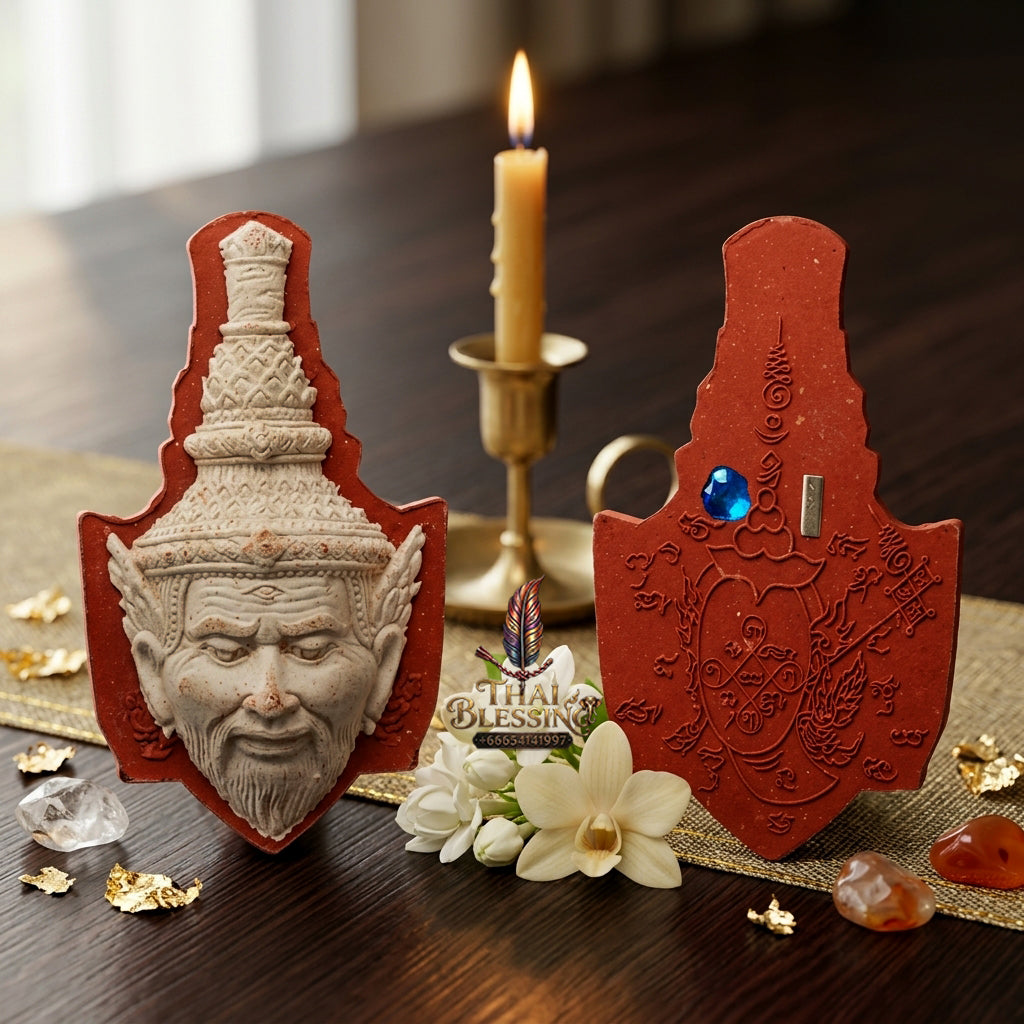✨ "Sian Phra Rue Si Ta Fire" (Hermit Ta Fai Crown / Rishi Third-Eye Hermit) - Red Herb Powder with White Face, Embedded Takrut & Gemstones,