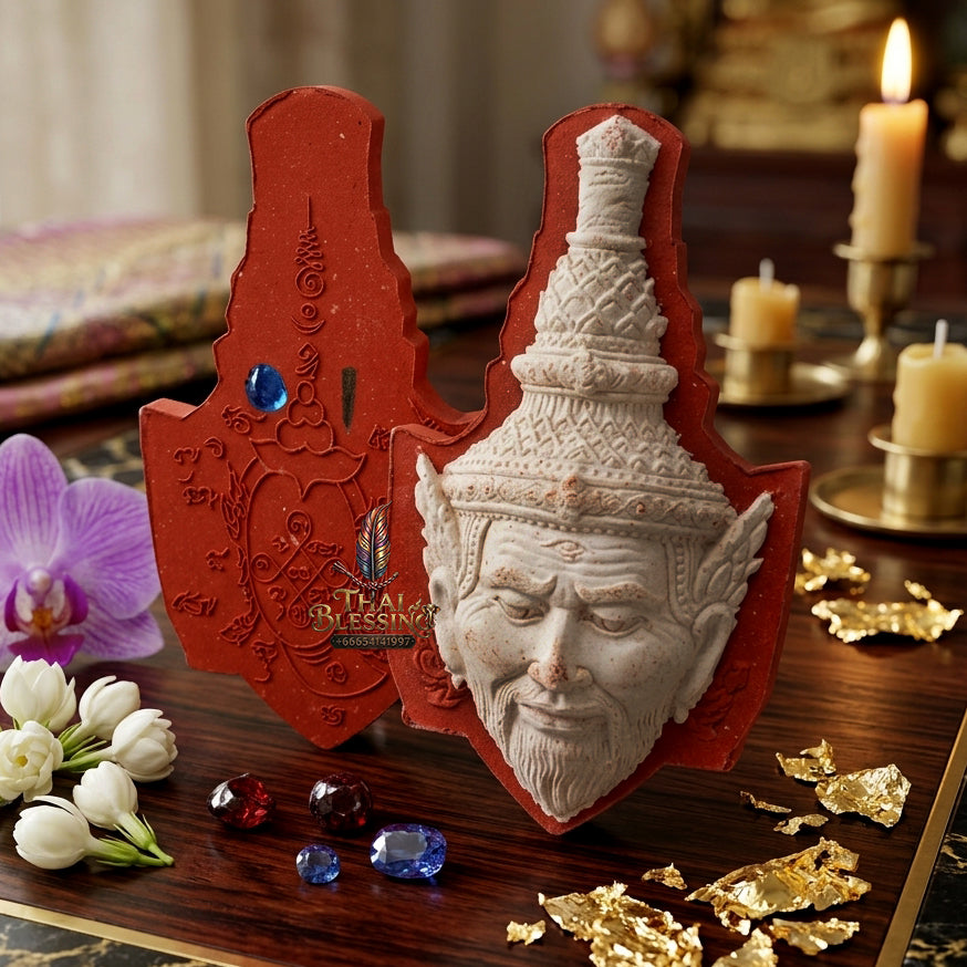 ✨ "Sian Phra Rue Si Ta Fire" (Hermit Ta Fai Crown / Rishi Third-Eye Hermit) - Red Herb Powder with White Face, Embedded Takrut & Gemstones,