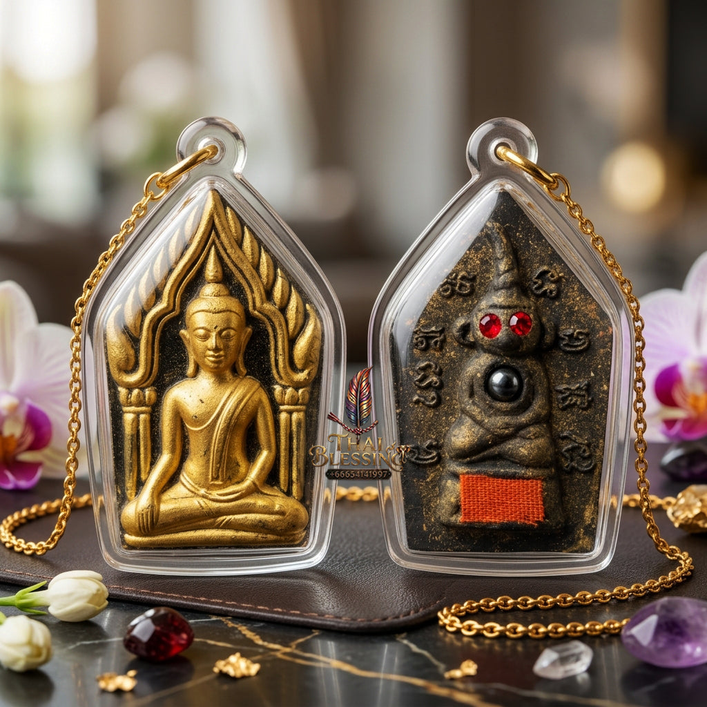 ✨ "Phra Khun Phaen Lang Ngang Ta Daeng" (Khun Phaen with Red-Eyed Ngang on Reverse) - Cemetery Earth Holy Powder with Gold-Brushed Finish,