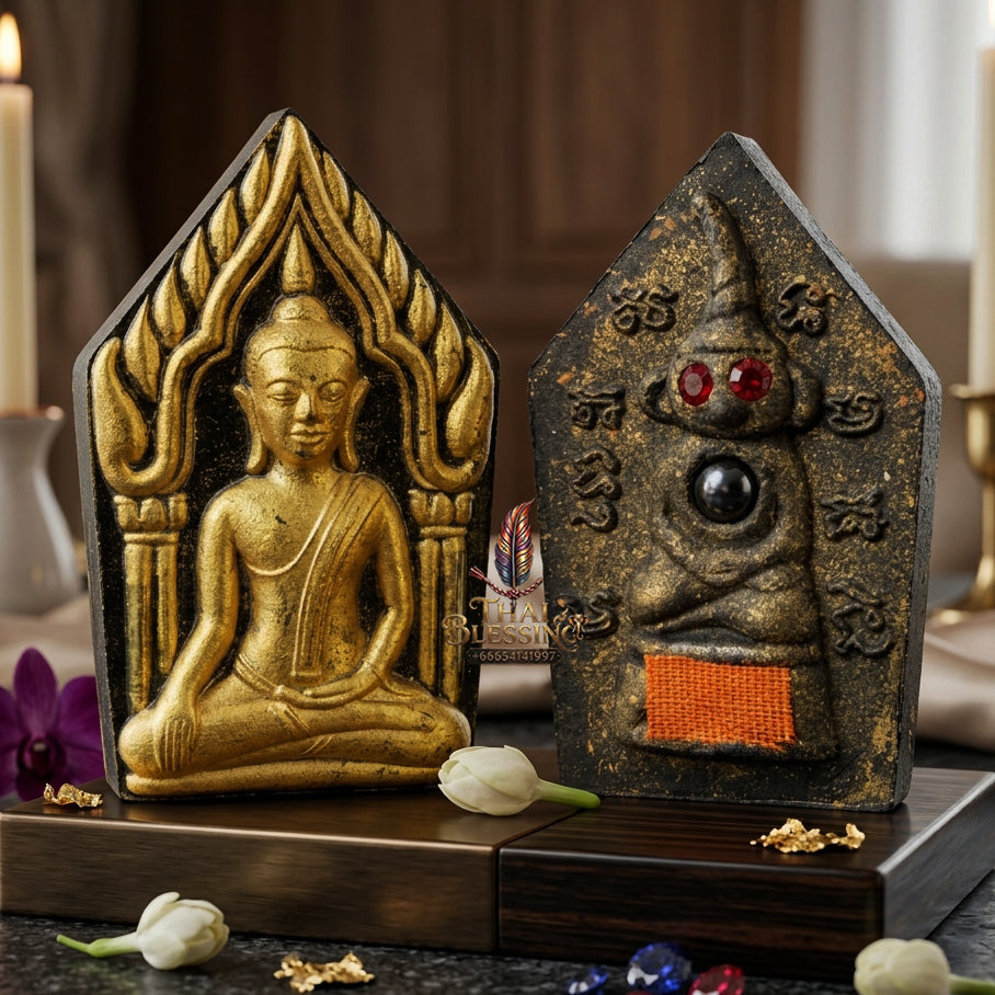 ✨ "Phra Khun Phaen Lang Ngang Ta Daeng" (Khun Phaen with Red-Eyed Ngang on Reverse) - Cemetery Earth Holy Powder with Gold-Brushed Finish,