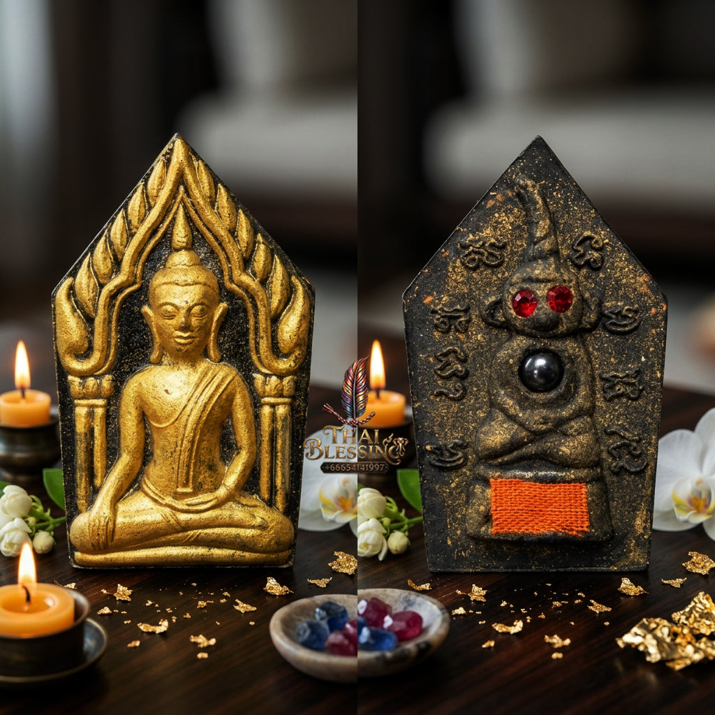✨ "Phra Khun Phaen Lang Ngang Ta Daeng" (Khun Phaen with Red-Eyed Ngang on Reverse) - Cemetery Earth Holy Powder with Gold-Brushed Finish,