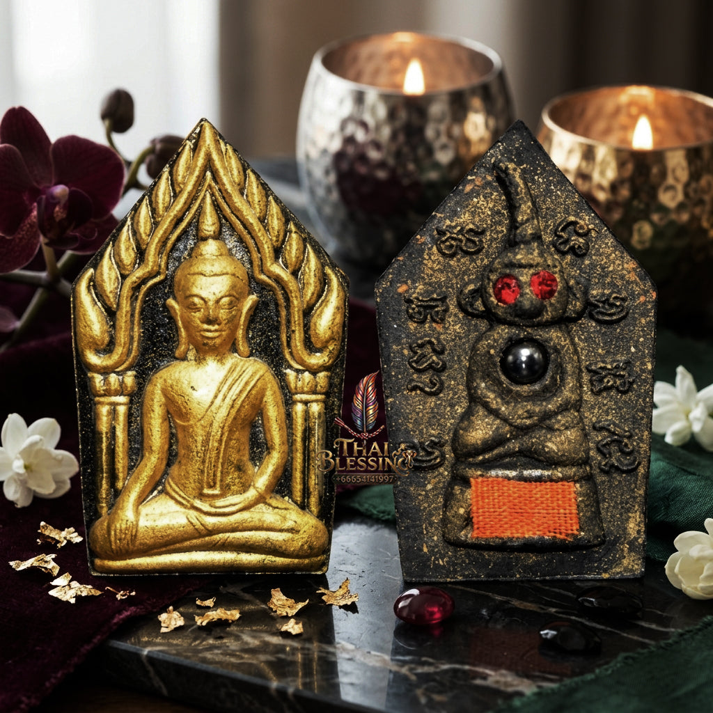 ✨ "Phra Khun Phaen Lang Ngang Ta Daeng" (Khun Phaen with Red-Eyed Ngang on Reverse) - Cemetery Earth Holy Powder with Gold-Brushed Finish,