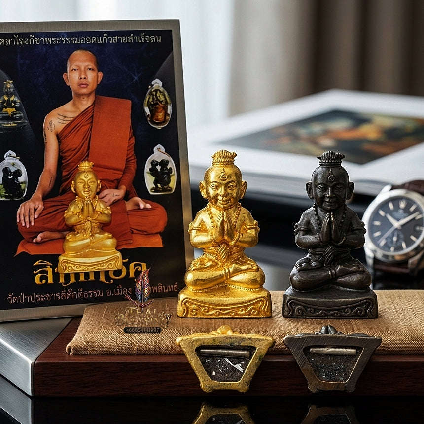 💥 GOLDEN WEALTH MAGNET! Grade Gold-Plated Kuman Phrai Sitthi Chok Wealth Effigy for Infinite Cash Flow, Business Success, and Curio Collectible Heritage